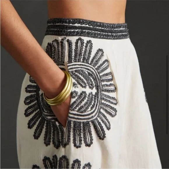 Anthropologie Embroidered Chic Cream and Black Floral Wide Leg Pants - Picture 3 of 12